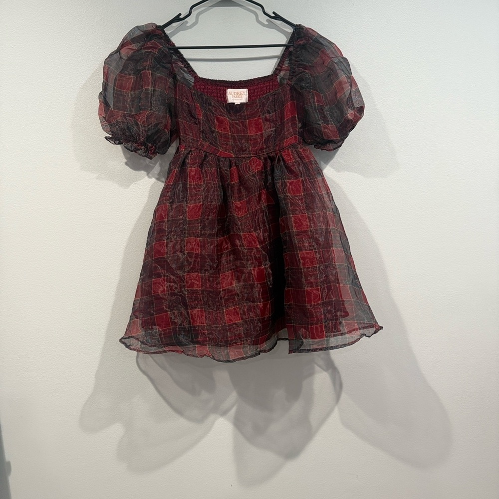 Francesca's Collections Burgundy and Gold Plaid Dress - Size Small